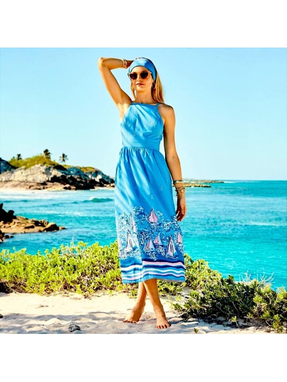 NWT Lilly Pulitzer Charlese Cotton Halter Midi Dress in Lunar Blue size 0
